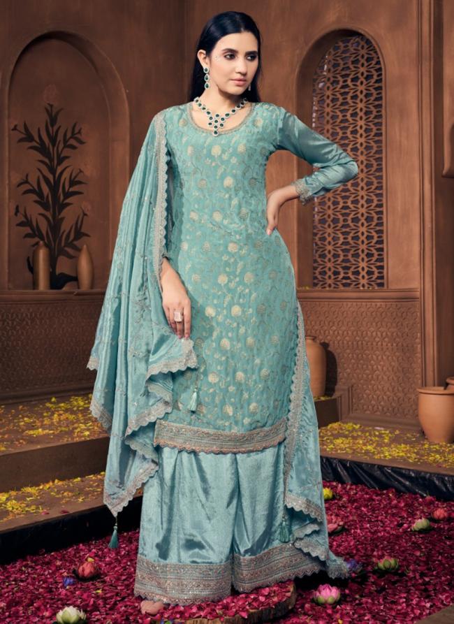 Viscose Teal Wedding Wear Embroidery Work Plazzo Suit